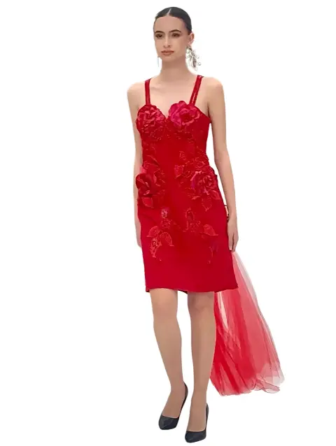 Capricho de Rosas – Robe haute couture rouge à traîne en tulle